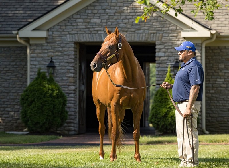 Gun Runner, a chestnut stallion, stands with a handler on the lawn outside his stone barn at Three Chimneys Farm.