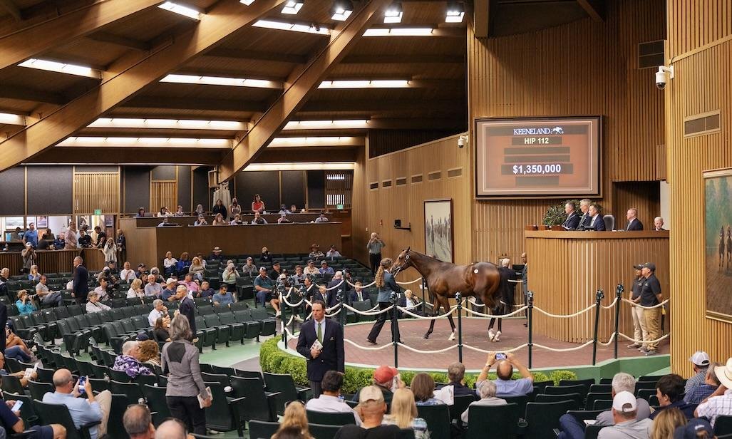 A yearling walks the Keeneland sales ring as the board shows Hip 112 at $1,350,000, with buyers seated around the pavilion.