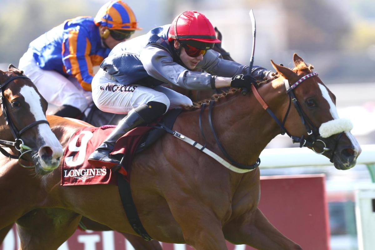 Miss Yechance, a chestnut filly ridden by Jack Nicholls, stretches out to win the Prix de l’Abbaye, with a rival close behind.