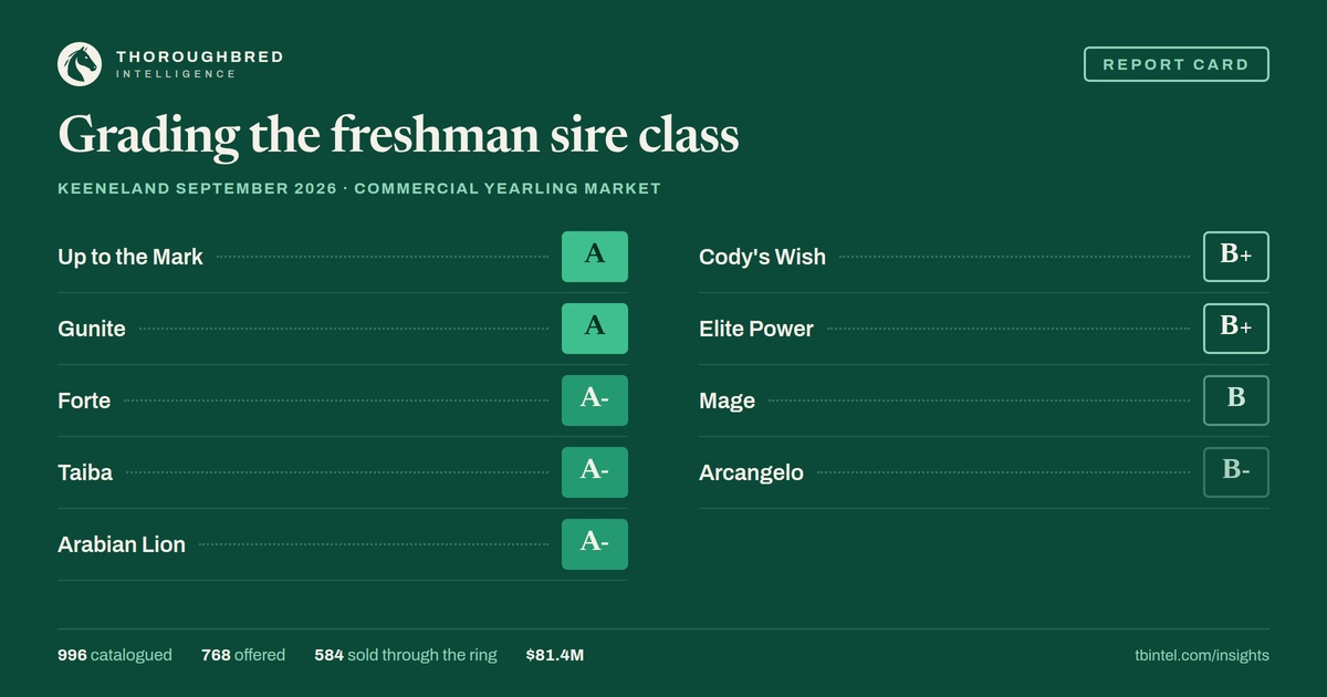 Report card grading nine first-crop sires at Keeneland September 2026: Up to the Mark A, Gunite A, Forte A-, Taiba A-, Arabian Lion A-, Cody's Wish B+, Elite Power B+, Mage B, Arcangelo B-.