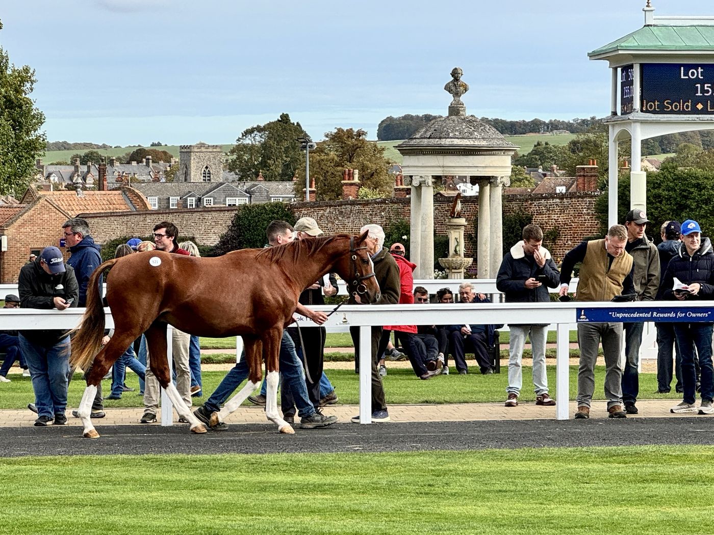 A chestnut yearling is led around the walking ring at Tattersalls in Newmarket while buyers watch from the rail, with the sale board, a domed stone rotunda and the town's rooftops behind.